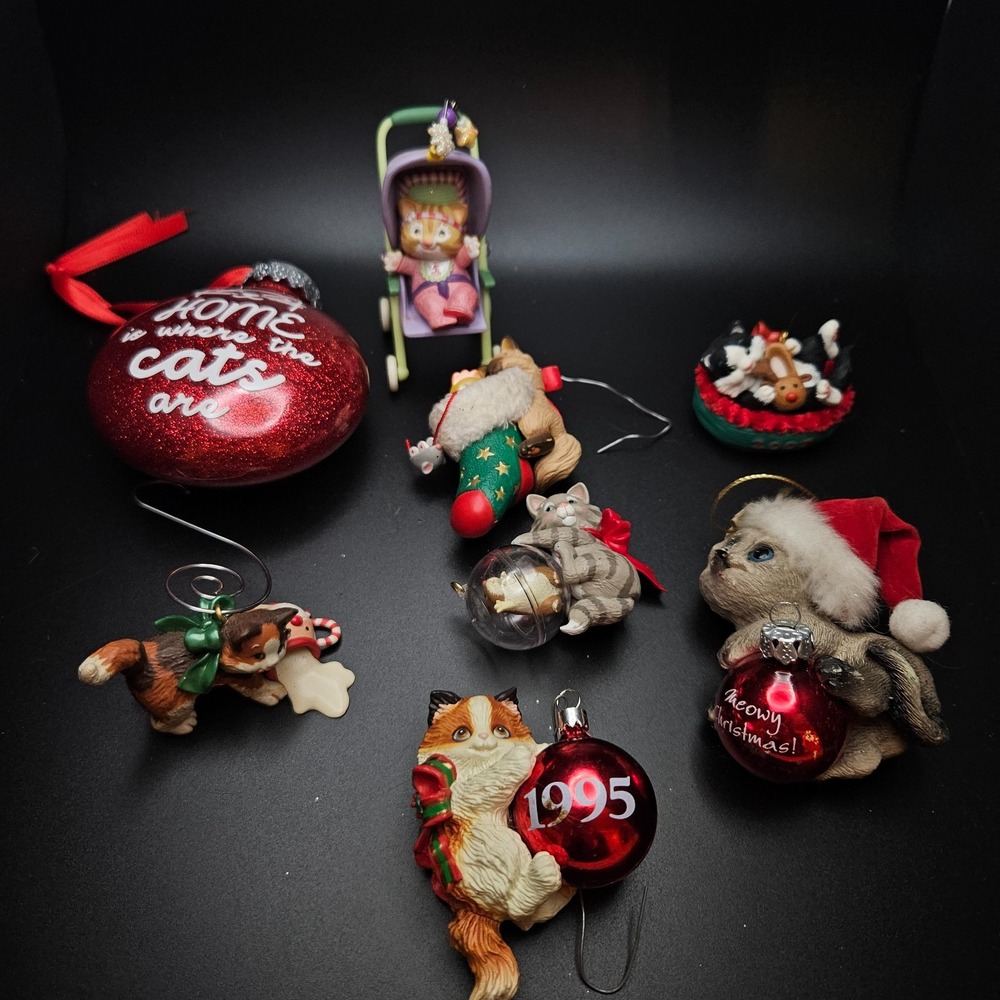 Vintage Cat‎ Christmas Ornament Lot of 8 Resin Glass 1990s Kitty Holiday Decor
